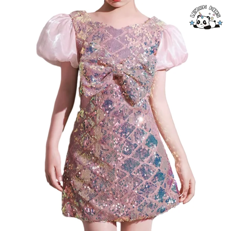 LEZONKIDS - Customizable New Arrival Children's Summer Sequin Party Dress High End Puff Sleeves Girls Dress